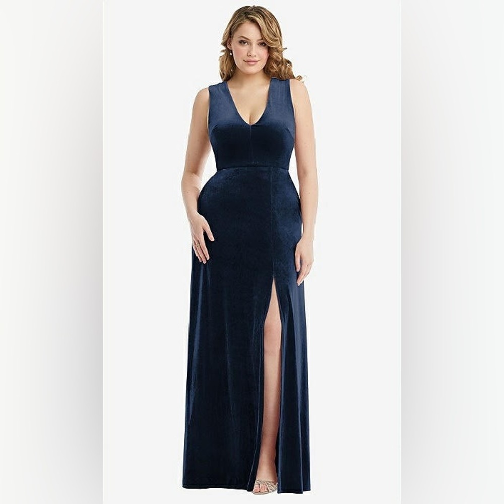NEW - DESSY GROUP - 6871 V-NECK VELVET DRESS - MIDNIGHT NAVY - SIZE 14
